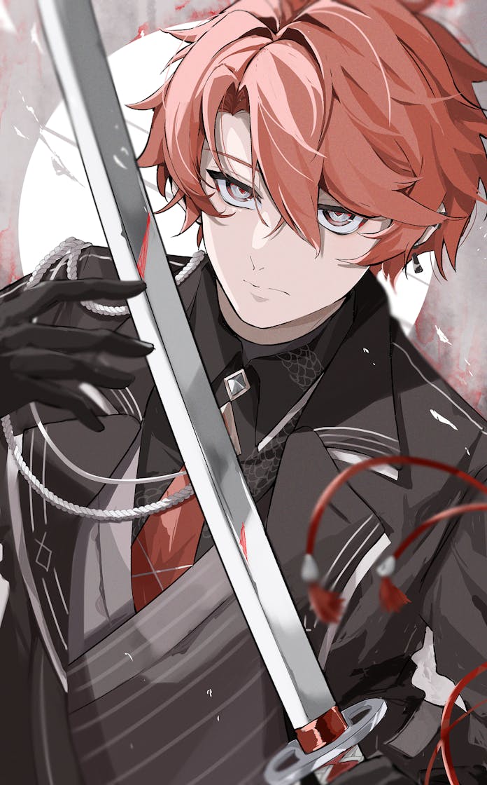 原创 1名男孩 黑色大衣 黑色手套 血 武器上有血