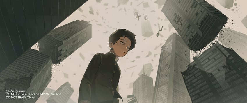 路人超能100、影山茂夫 1名男孩 黑瞳 锅盖头 建筑物 漂浮
