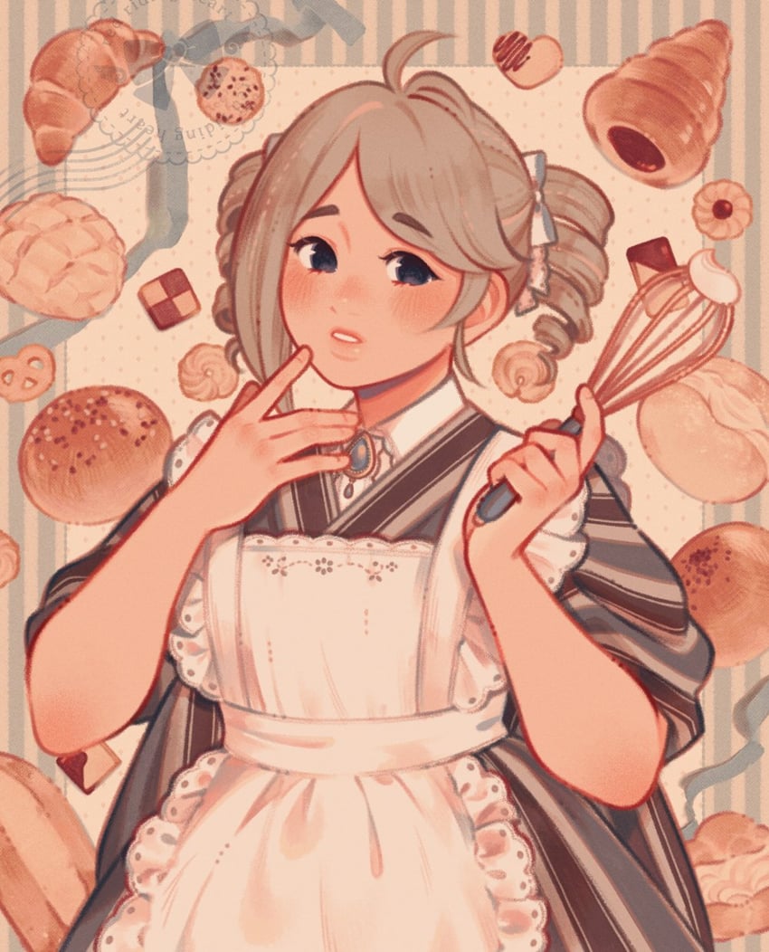 原创 1名女孩 红豆面包 围裙 面包 胸针