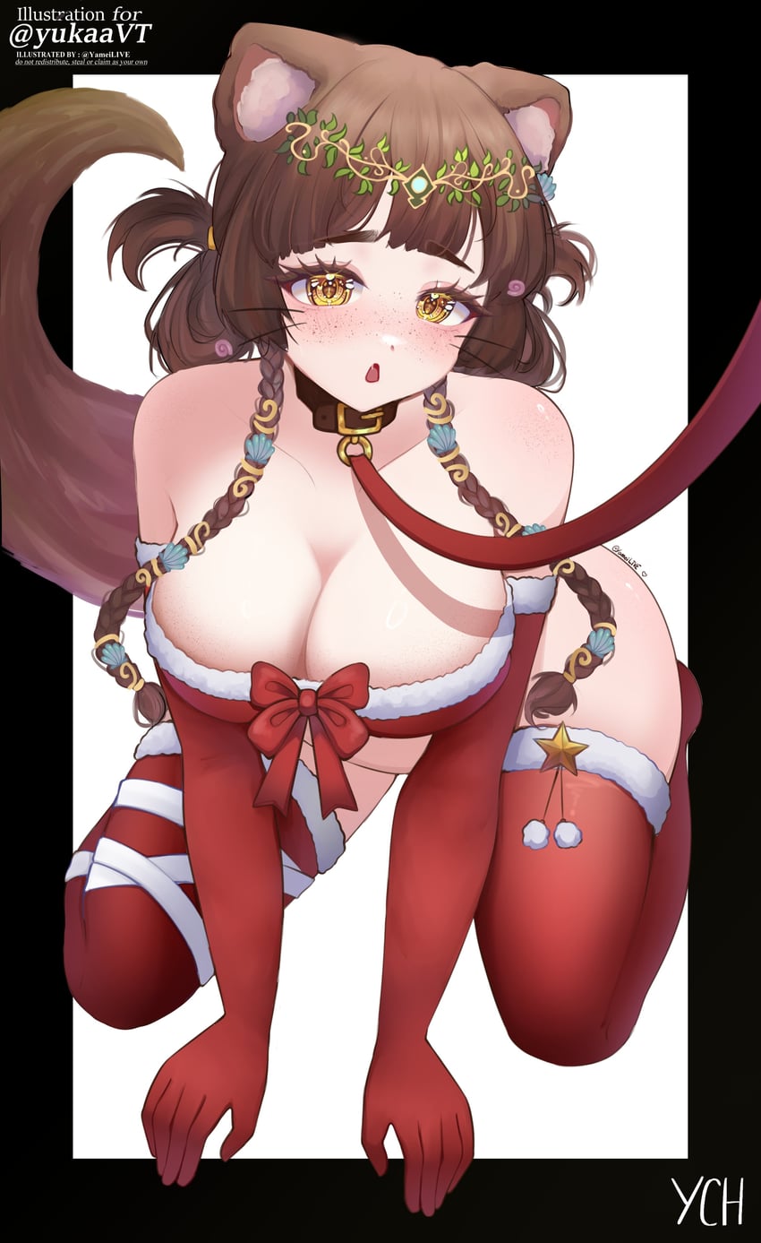 个人势虚拟主播、yukaa (vtuber) 1名女孩 兽耳毛 兽耳 露肩 全身雀斑