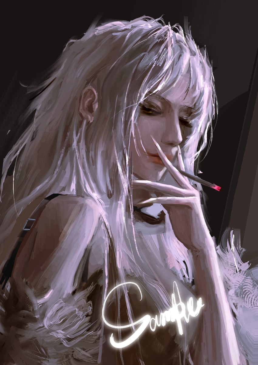 二次元插画 1名女孩 指缝 乳房 香烟 闭嘴