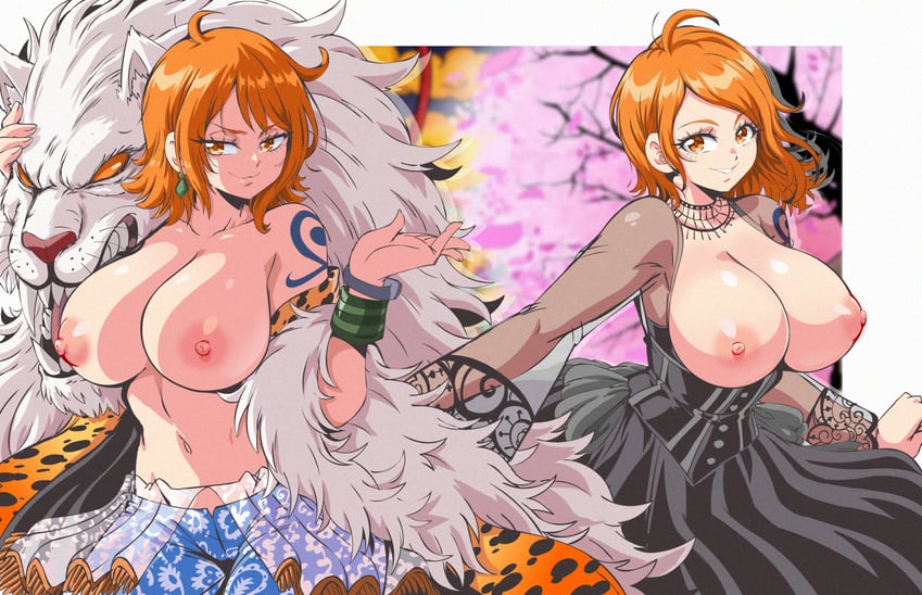 海贼王、娜美 (海贼王) 1名女孩 手臂纹身 黑色文胸 黑色连衣裙 胸罩
