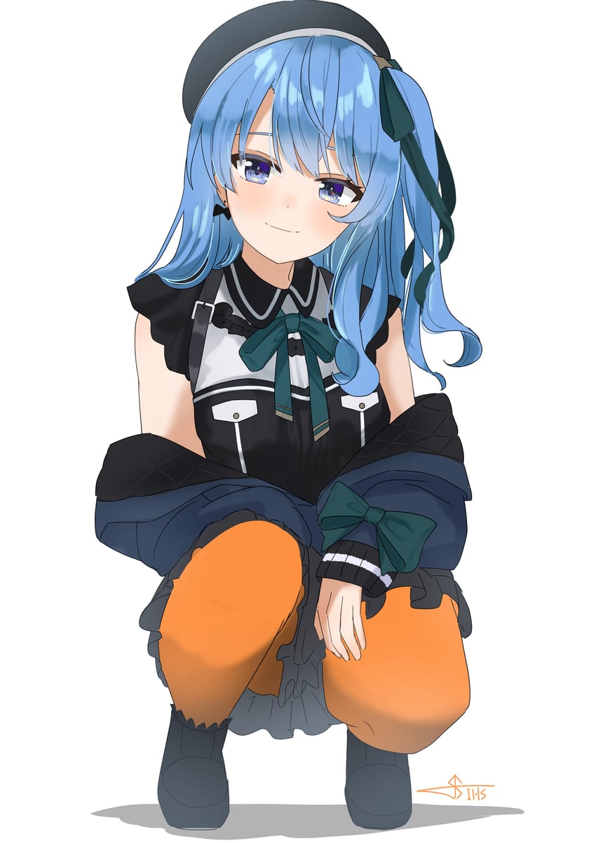 Hololive、星街彗星、星街彗星 (便装) 1名女孩 黑帽子 蓝眼 蓝发 发丝垂在眼睛之间
