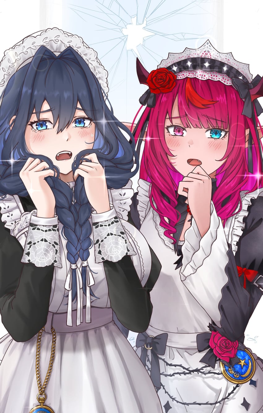 Hololive、Hololive英语、IRyS (Hololive) 2名女孩 围裙 黑色蝴蝶结 黑衬衫 蓝眼