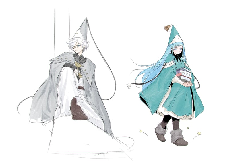 魔法帽的小工坊、奇弗利 (魔法帽的师徒)、莉切 (帄帽子的魔法师工房) 1名男孩 1名女孩 蓝眼 蓝发 书