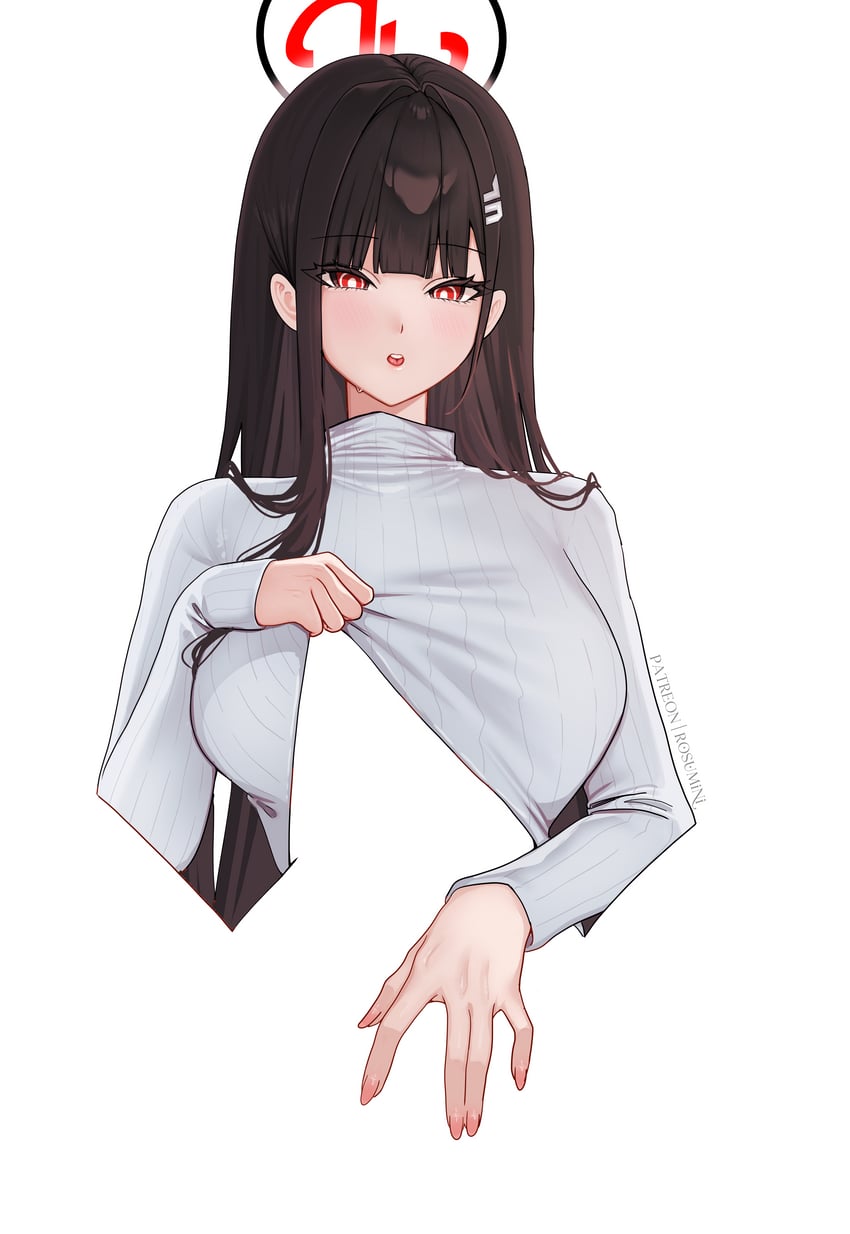 蔚蓝档案、莉央 (碧蓝档案) 1名女孩 黑发 乳房 掀起衣服 发饰