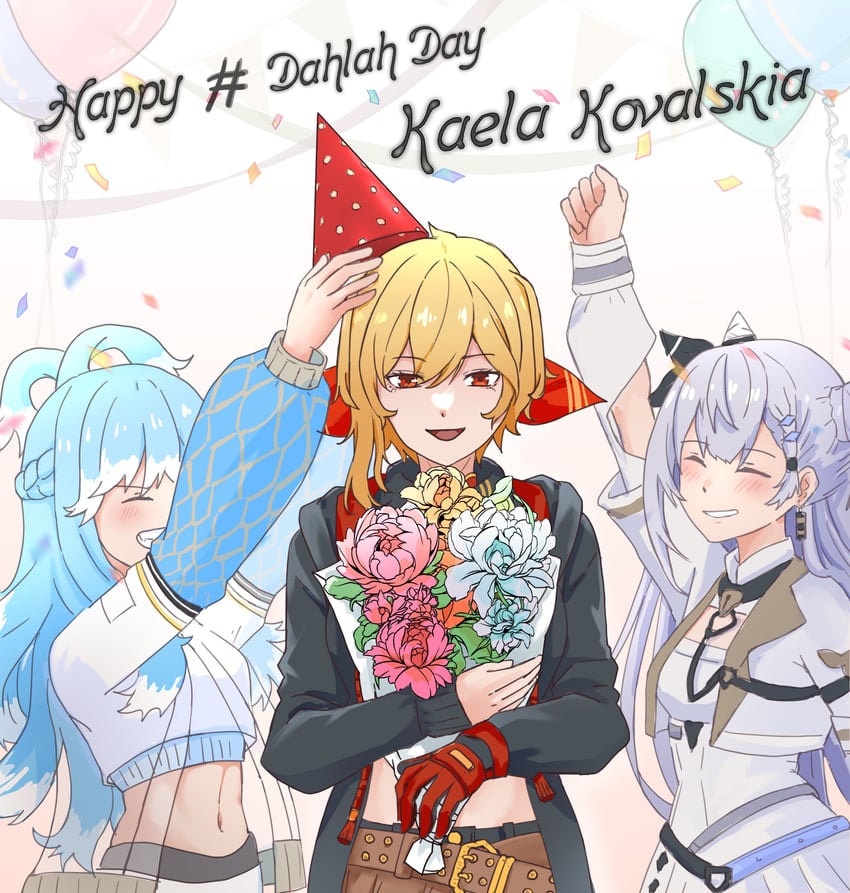 Hololive、Hololive Indonesia、Kaela Kovalskia 举起双手 气球 腰带 生日 黑色夹克