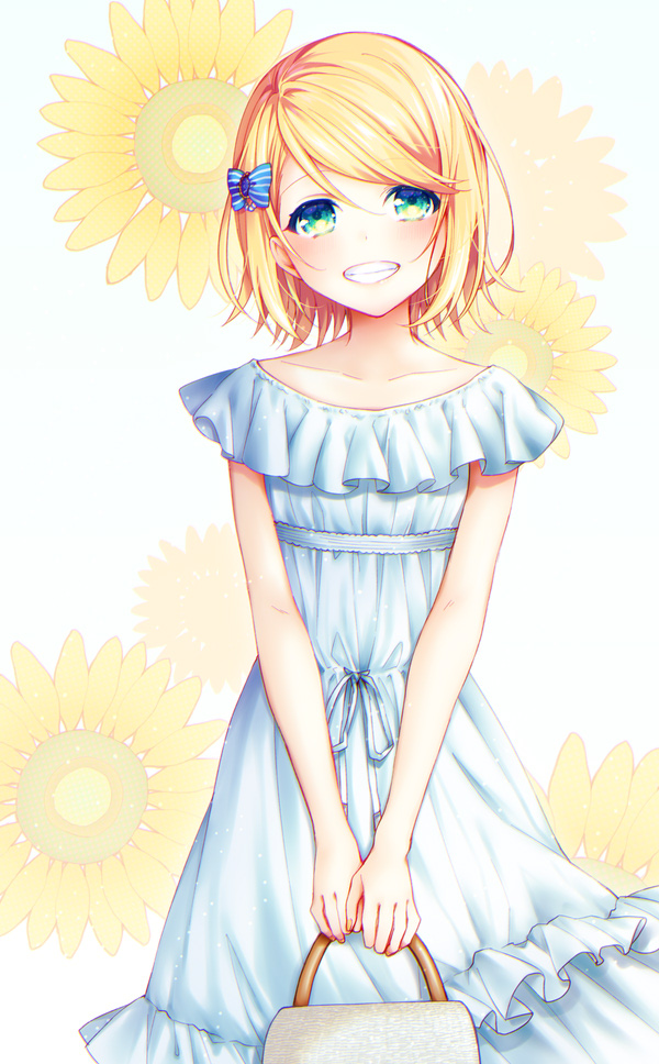 VOCALOID、镜音铃 1名女孩 包 金发 蓝色蝴蝶结 脸红