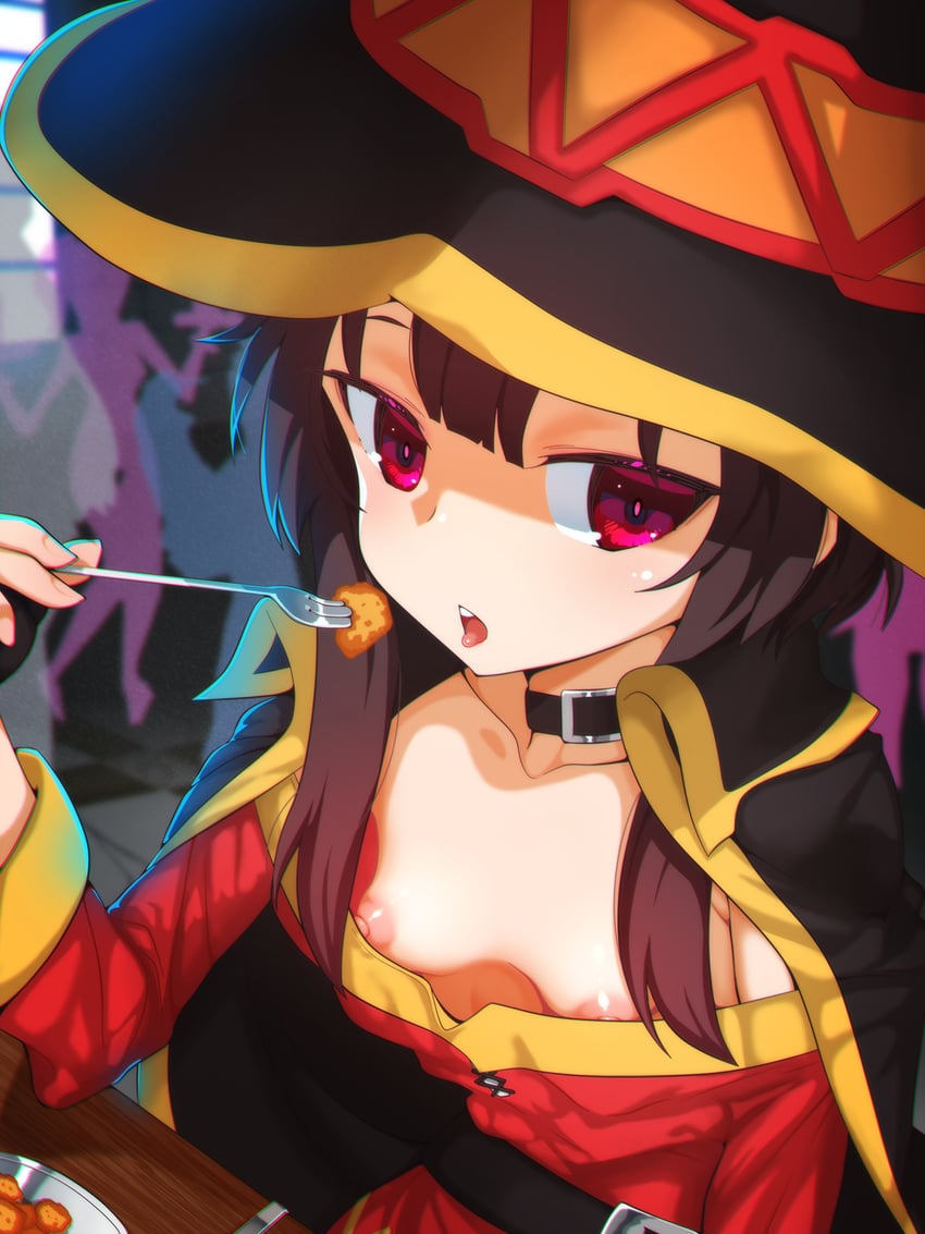 为美好的世界献上祝福！、惠惠 1名女孩 黑帽子 乳房 棕发 俯视领口