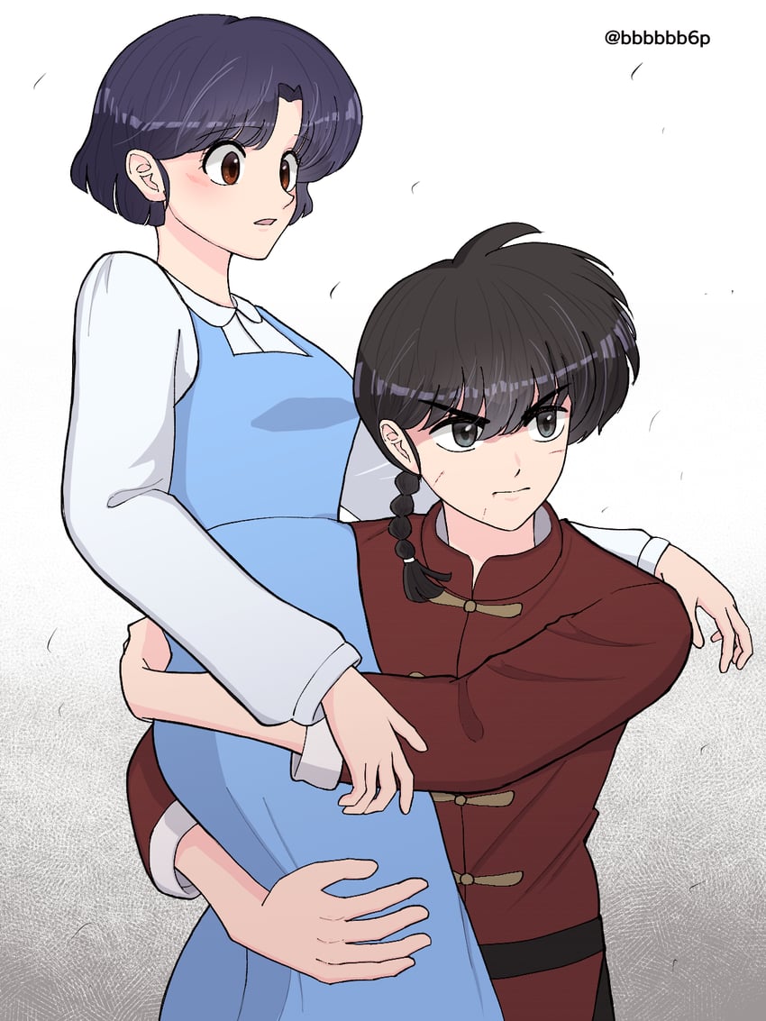 乱马1/2、早乙女乱马、早乙女乱马 (男) 1名男孩 1名女孩 搂着他人的腰 黑发 蓝色连衣裙