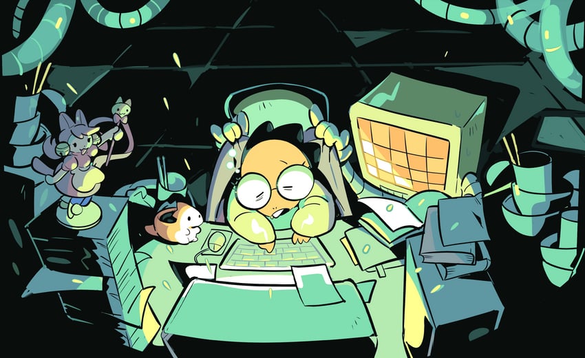 传说之下、Undertale/Deltarune、艾菲斯 1名女孩 1个其他角色 碗 椅子 键盘