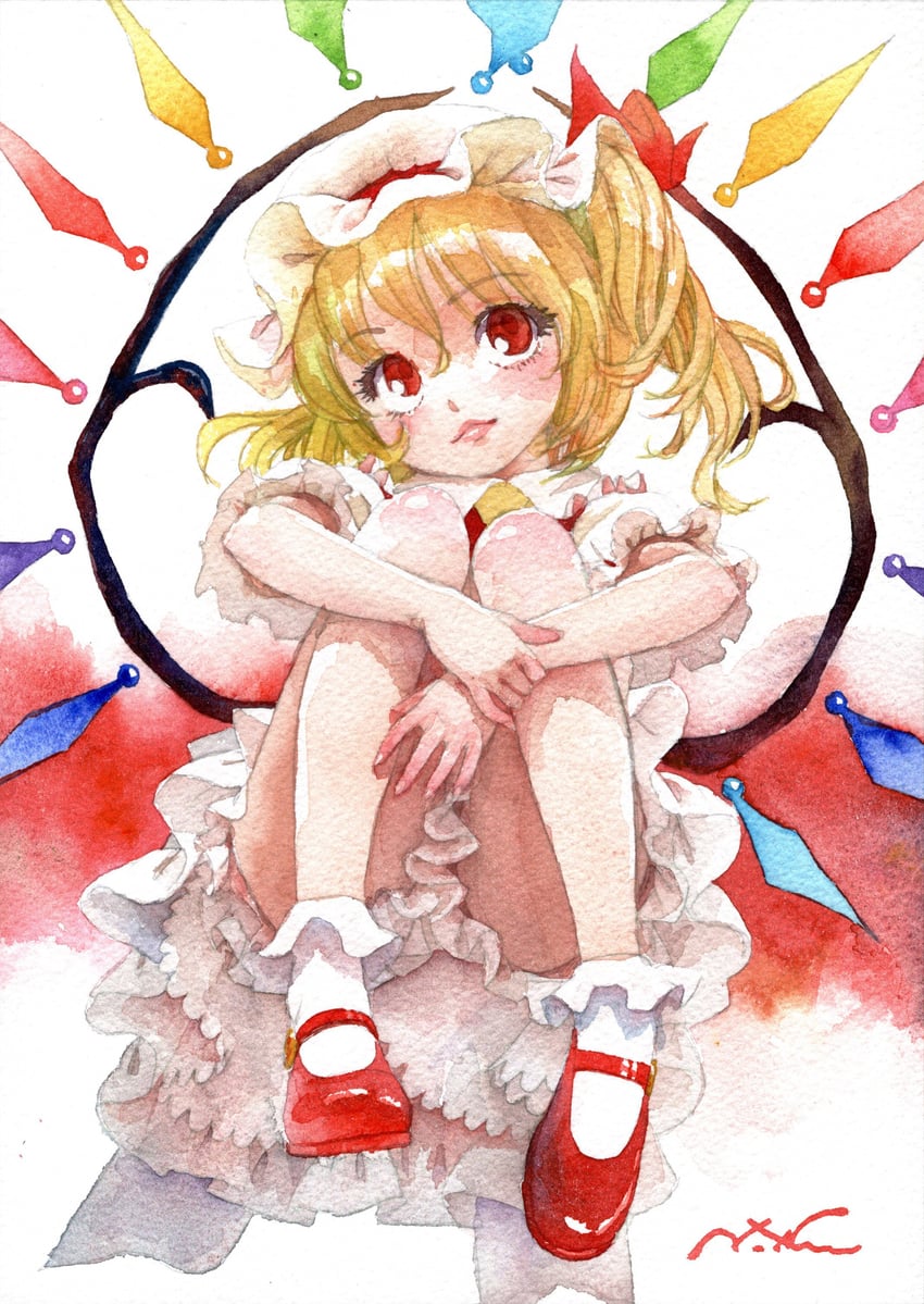 东方Project、芙兰朵露·斯卡蕾特 1名女孩 阿斯科特领巾 后背蝴蝶结 金发 灯笼裤