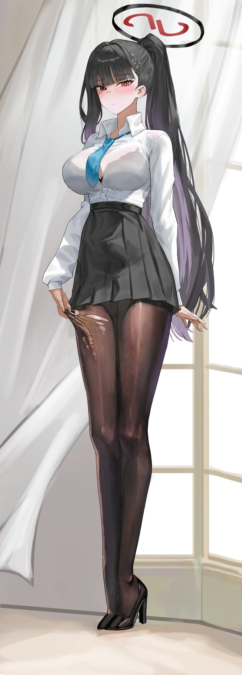 蔚蓝档案、莉央 (碧蓝档案) 1名女孩 替换服装 黑色文胸 黑发 黑色光环