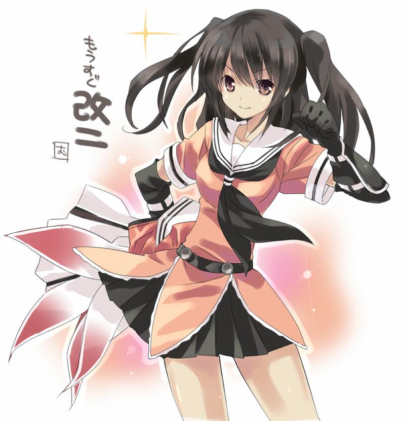 舰队Collection、川内 (舰队收藏) 1名女孩 黑色手套 黑发 黑色领巾 黑色裙子