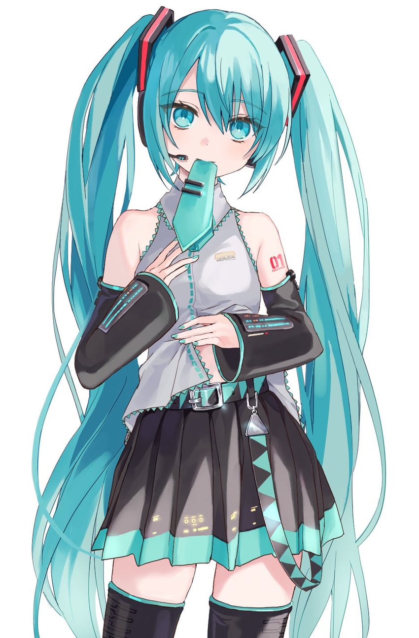 VOCALOID、初音未来 1名女孩 水色腰带 水色瞳 水色发 水蓝色指甲