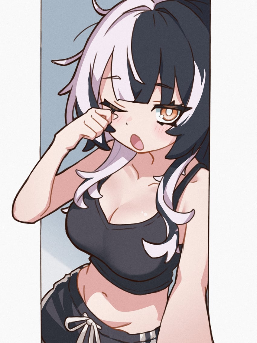 Hololive、Hololive英语、诗织·诺维拉 1名女孩 替换服装 黑吊带背心 黑发 黑色短裤