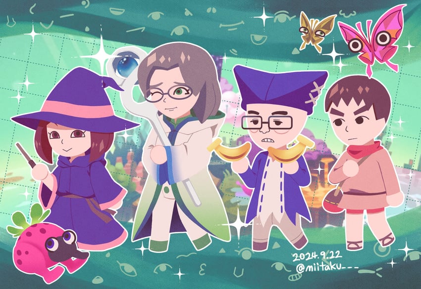 Mii乐园、dark lord (miitopia)、ex-dark lord (miitopia) 1名女孩 3个男孩 苹果 包 香蕉