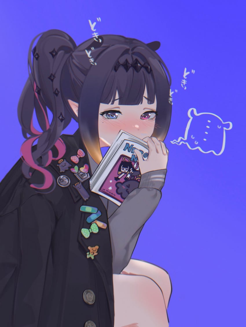 Hololive、Hololive英语、一伊那尔栖 1名女孩 蓝色背景 蓝眼 脸红 渐变发