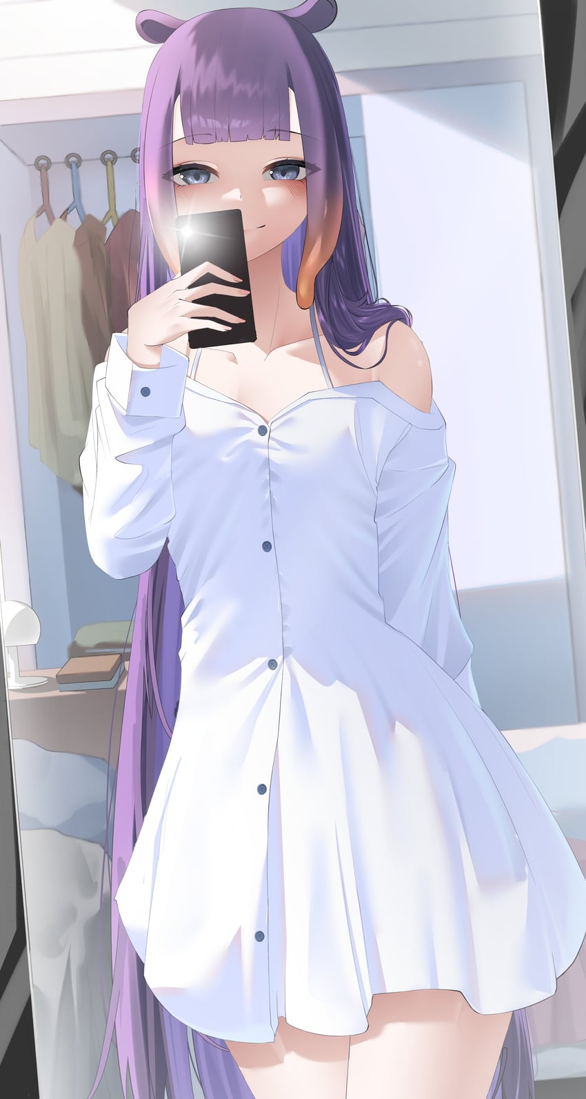 Hololive、Hololive英语、一伊那尔栖 1名女孩 替换服装 卧室 蓝眼 连衣裙