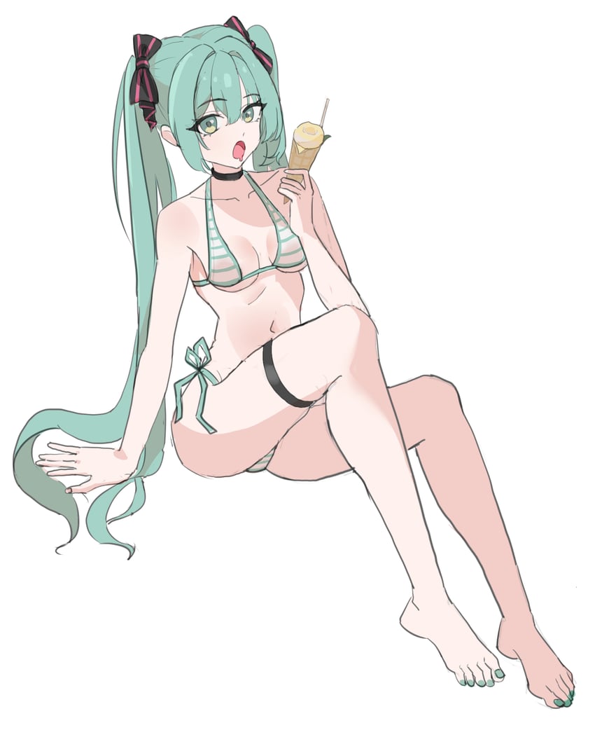VOCALOID、初音未来 1名女孩 水色瞳 水色发 水蓝色指甲 裸腿