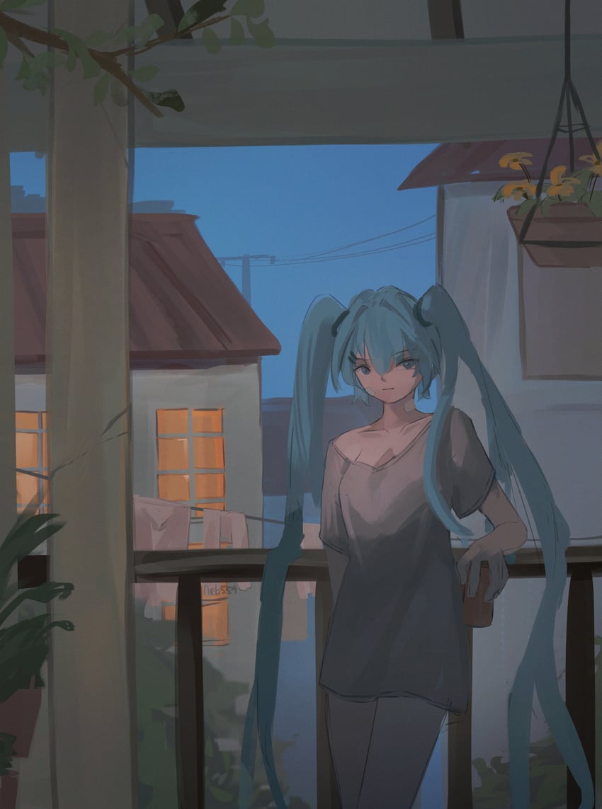 VOCALOID、初音未来 1名女孩 水色瞳 水色发 手放在背后 作者名