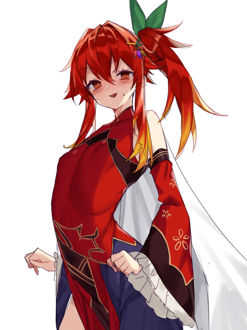 美少女花骑士、tougarashi (flower knight girl) 1名女孩 蓝裙子 脸红 辣椒发饰 牛仔镜头