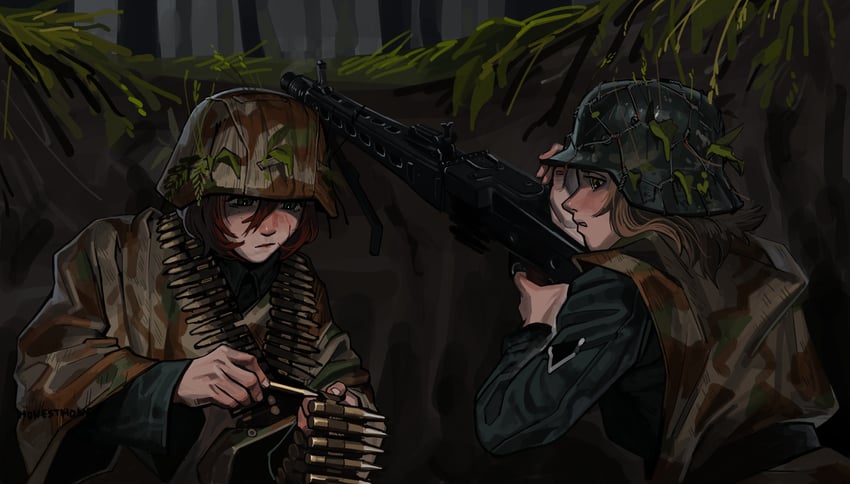原创 2名女孩 弹药 弹药带 金发 棕发