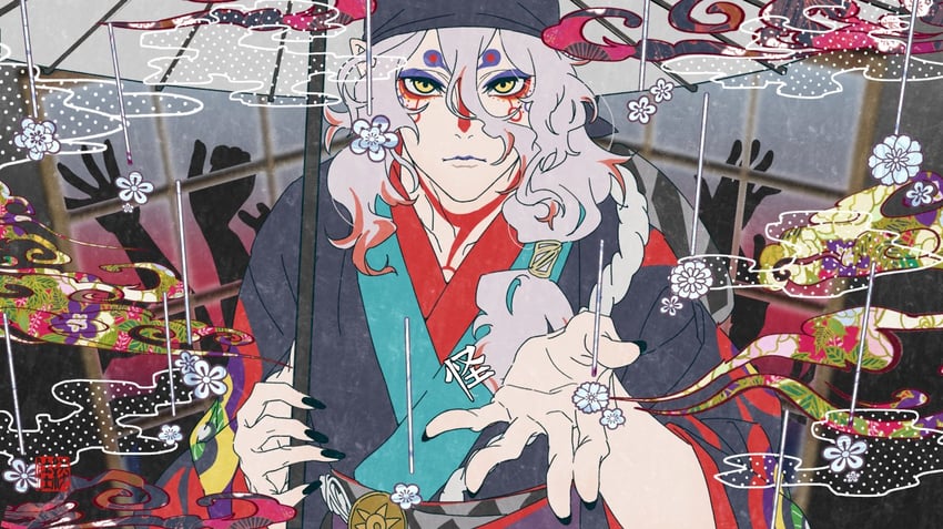 剧场版 物怪、物怪、卖药郎 (剧场版 怪化猫) 1名男孩 黑色头巾 黑色和服 黑色指甲 蓝色眼影