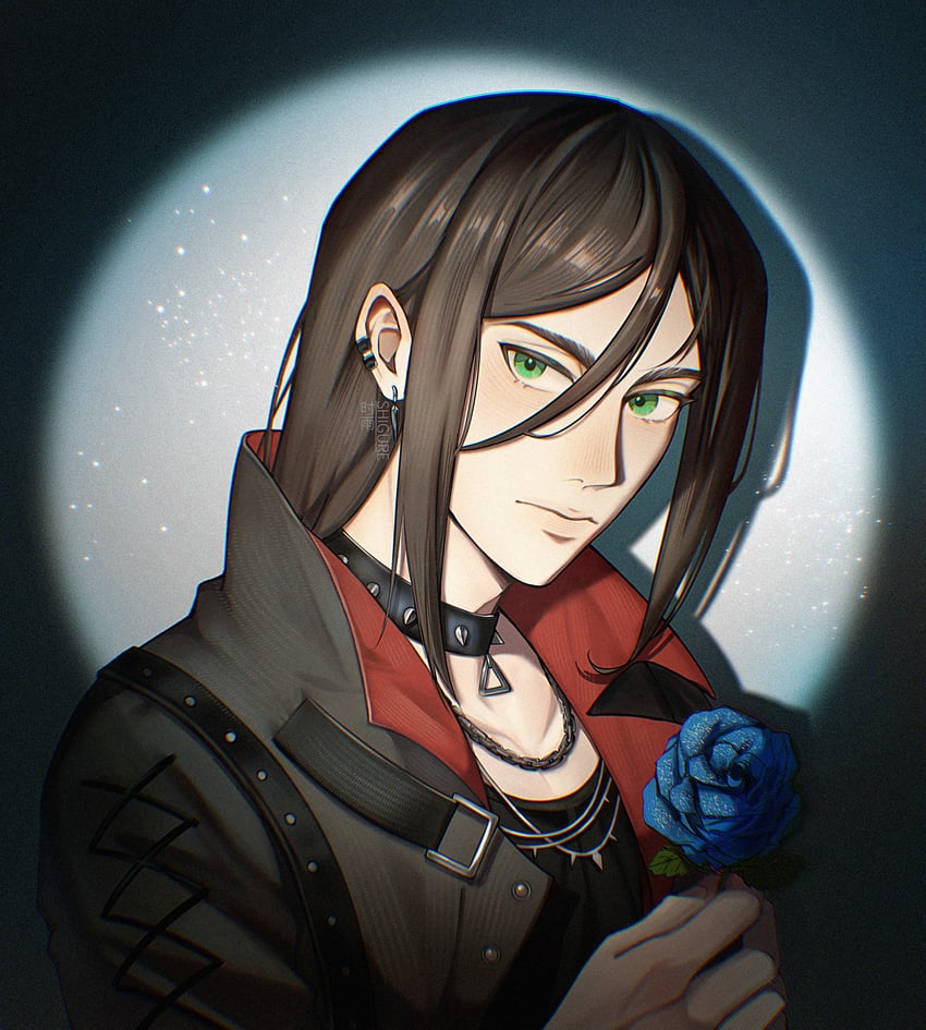 进击的巨人、艾伦·耶格尔 1名男孩 作者名 黑色夹克 黑衬衫 蓝花