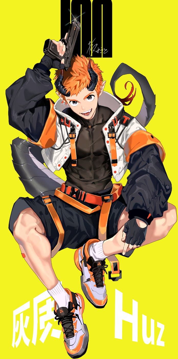 个人势虚拟主播、徽志 Huz (Vtuber) 1名男孩 腰带 黑色连体衣 黑色手套 黑色短裤