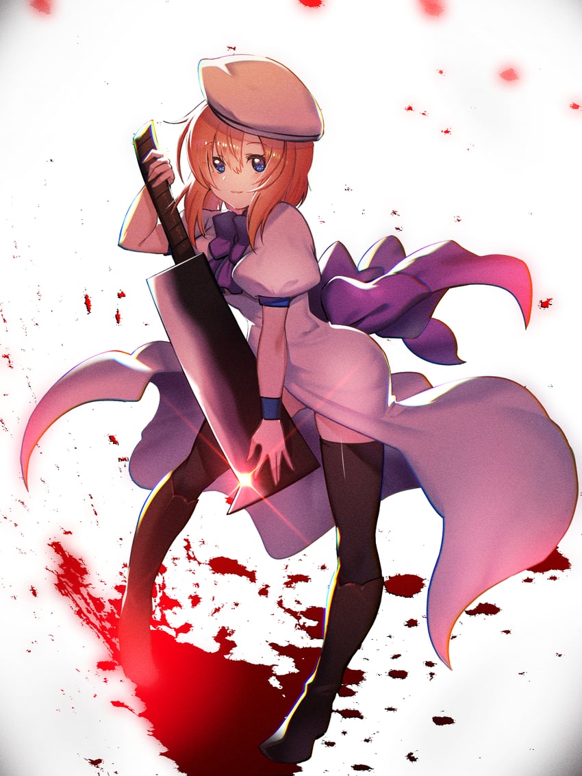 寒蝉鸣泣之时、龙宫礼奈 1名女孩 放射线条/杂草 后背蝴蝶结 贝雷帽 黑色过膝袜