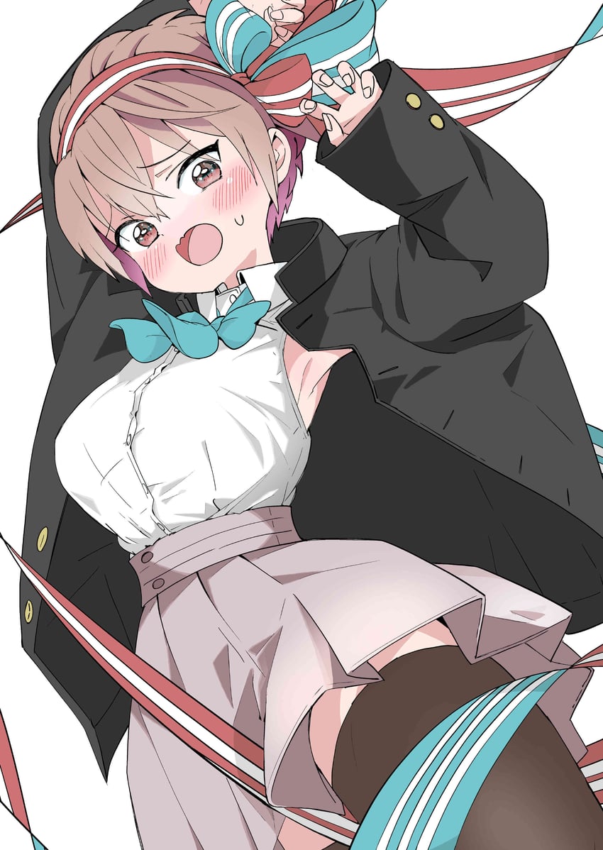 原创 1名女孩 露腋 举起双手 黑色夹克 蓝色蝴蝶结