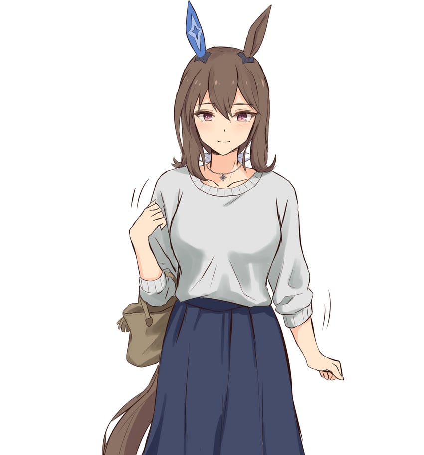 赛马娘、爱慕织姬 (赛马娘) 1名女孩 兽耳 包 蓝裙子 脸红