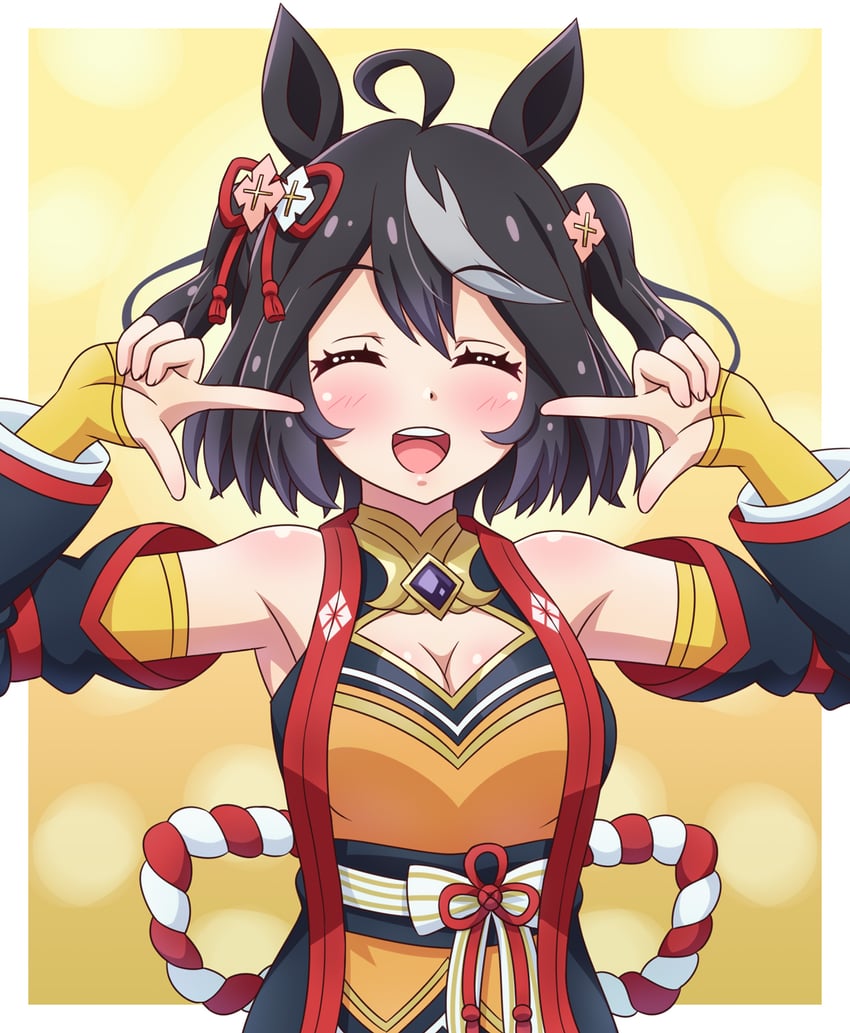 赛马娘、北部玄驹 (锦上之花) (赛马娘)、北部玄驹 (赛马娘) 1名女孩 呆毛 兽耳 露肩 黑色宝石