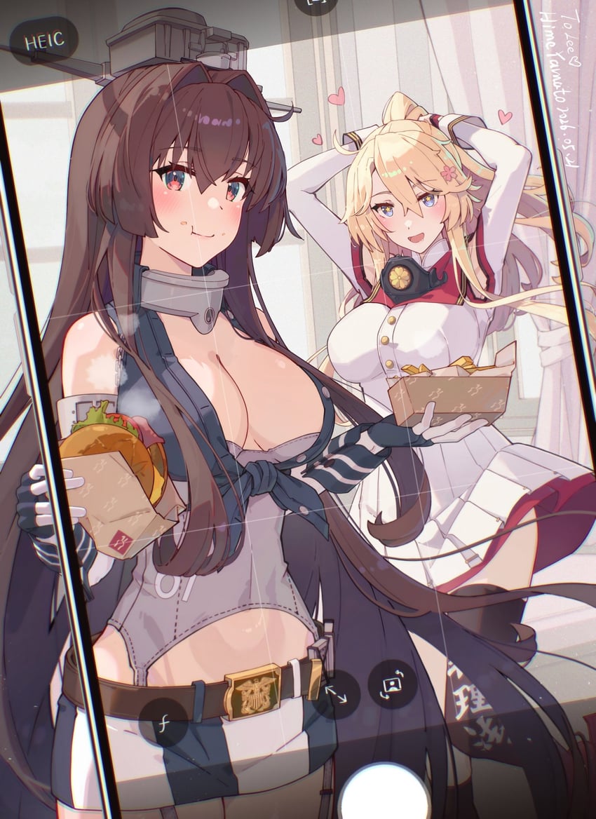 舰队Collection、衣阿华 (舰娘)、大和 (舰队收藏) 2名女孩 不同发型 腰带 金发 蓝眼