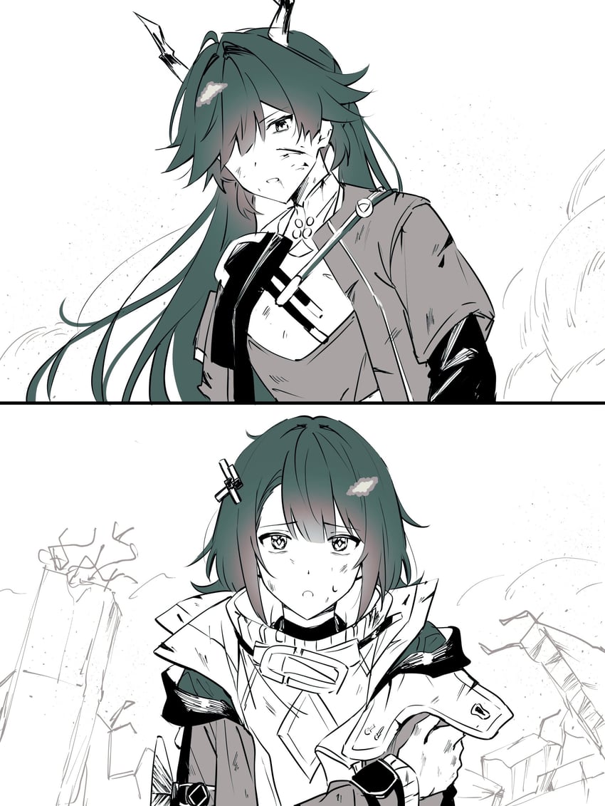 明日方舟、明日方舟：终末地、陈千语 (明日方舟) 2名女孩 黑色大衣 流血 血 脸上带血