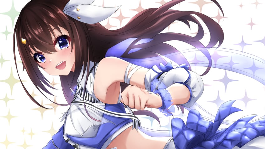 Hololive、时乃空 1名女孩 蓝色衬衫 蓝裙子 棕发 露脐上衣