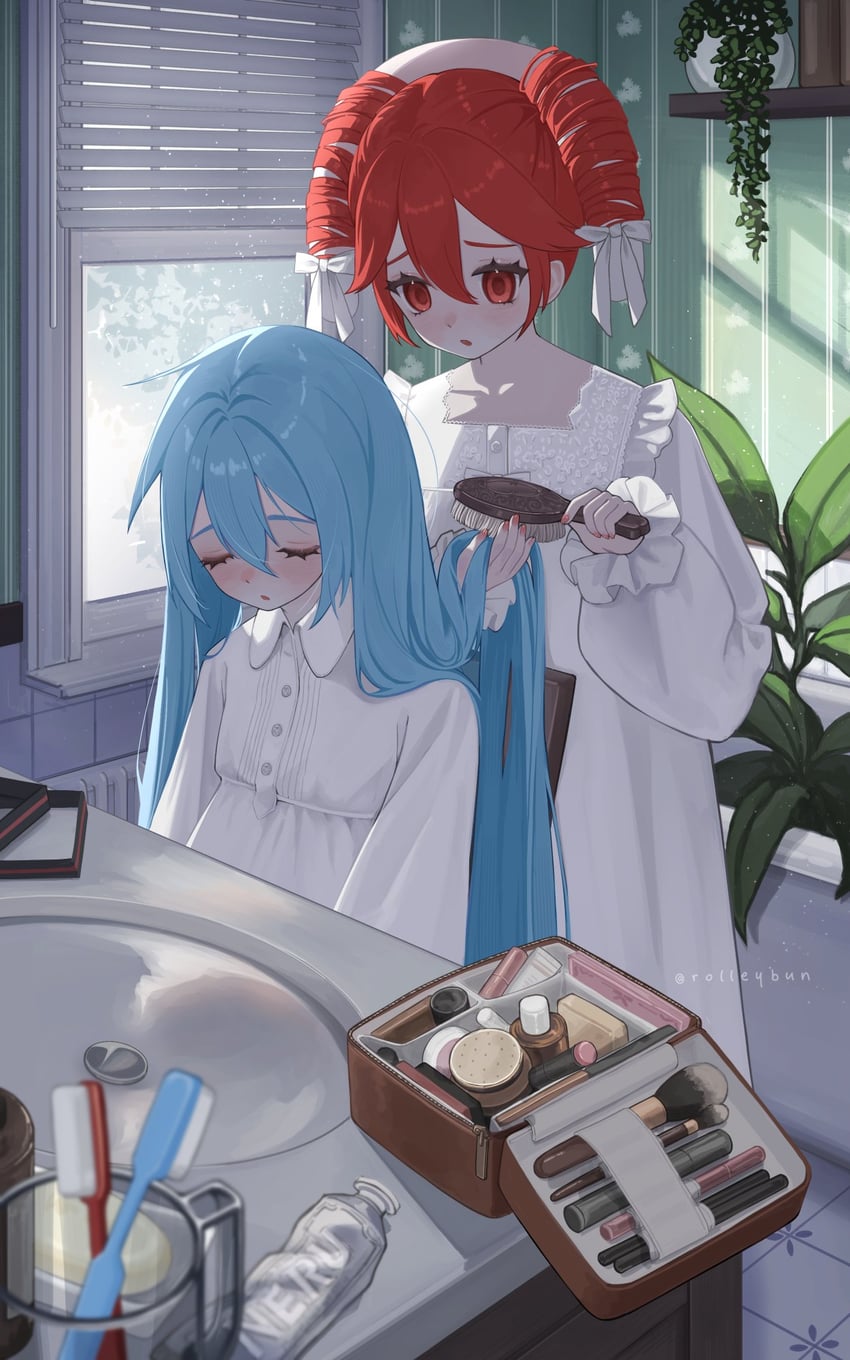 UTAU、VOCALOID、初音未来 2名女孩 水色发 作者名 给他人梳头 梳头