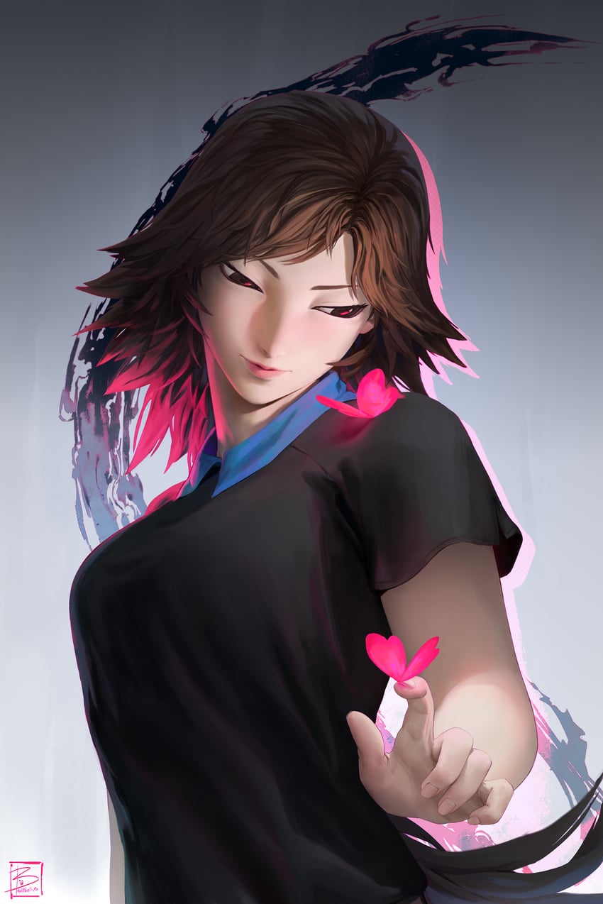 原创 1名女孩 棕眼睛 棕发 虫子 蝴蝶