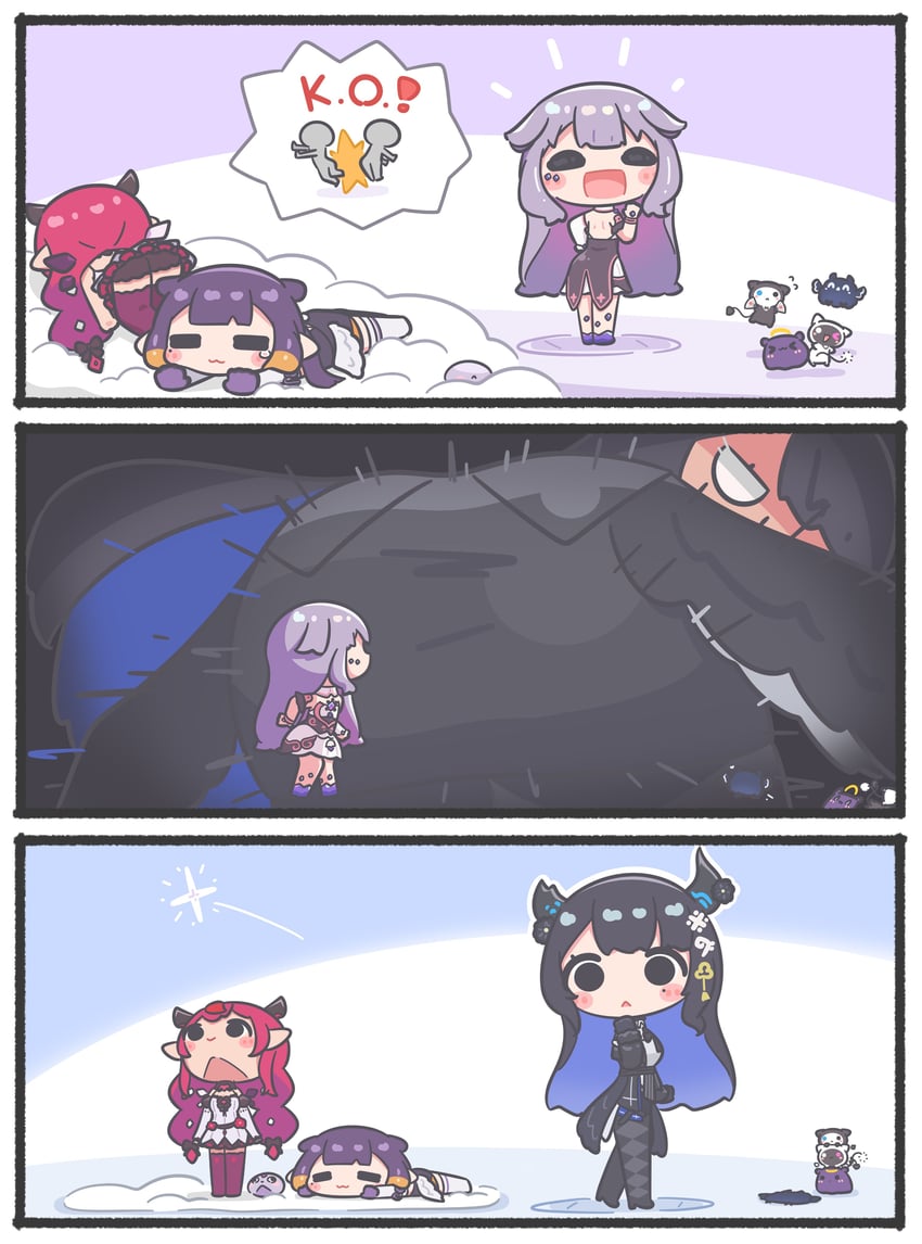 Hololive、Hololive英语、Bloom 三格漫画 4个女孩 猫脸笑 :< :>