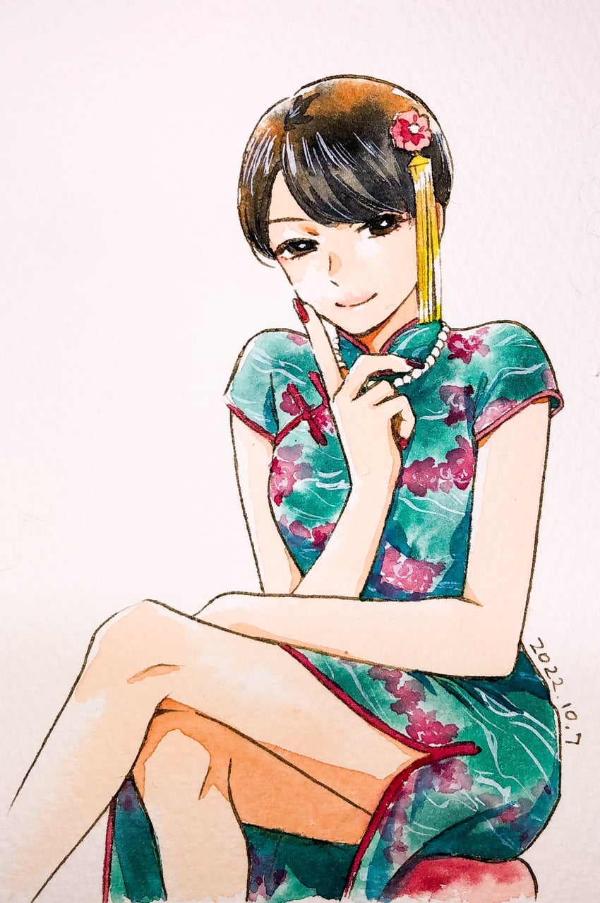 二次元插画 1名女孩 黑瞳 黑发 乳房 旗袍