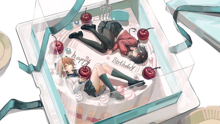 独立唱见、个人势虚拟主播、Hanser (VTuber) 2名女孩 呆毛 水色缎带 生日蛋糕 黑发