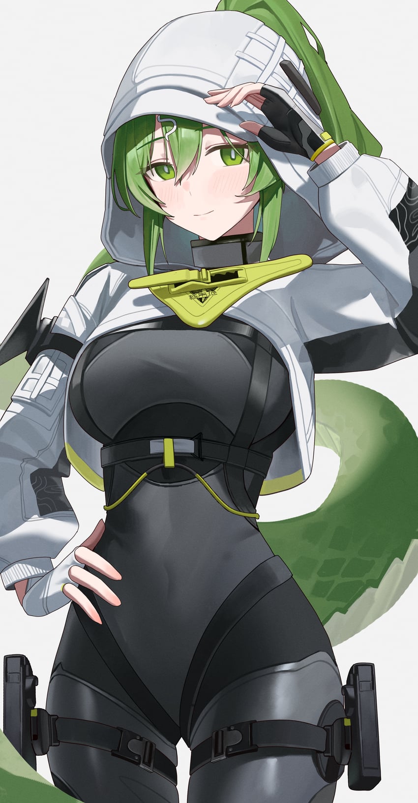明日方舟、明日方舟：终末地、萤石(明日方舟) 1名女孩 黑色连体衣 紧身连体衣 乳房 遮盖肚脐