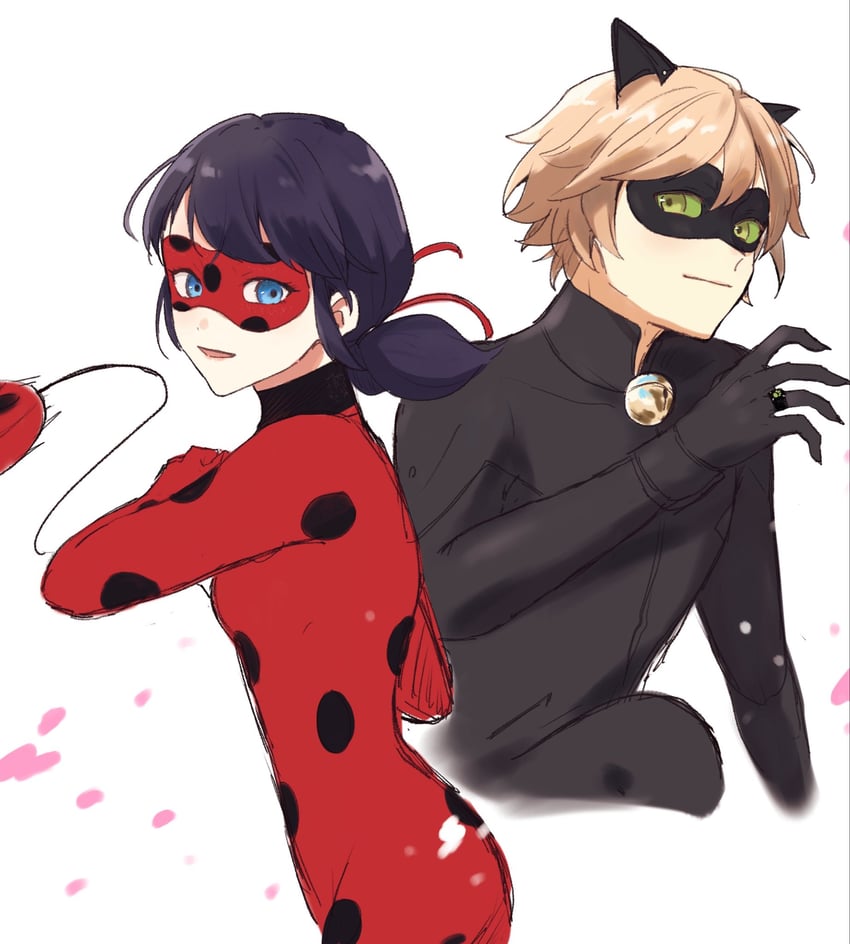 瓢虫雷迪、艾俊 (奇迹少女)、黑猫 (Chat Noir) 1名男孩 1名女孩 兽耳 铃铛 黑色连体衣