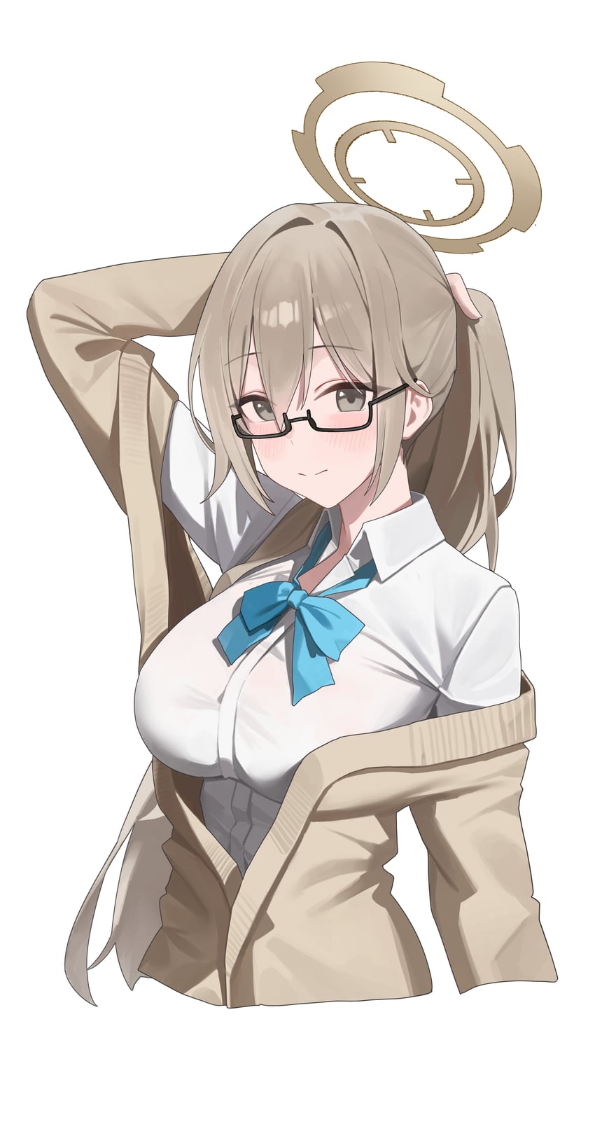 蔚蓝档案、朱音 (蔚蓝档案)、朱音(校服)(蔚蓝档案) 1名女孩 水蓝色蝴蝶结 水蓝色蝴蝶结 黑框眼镜 蓝色蝴蝶结