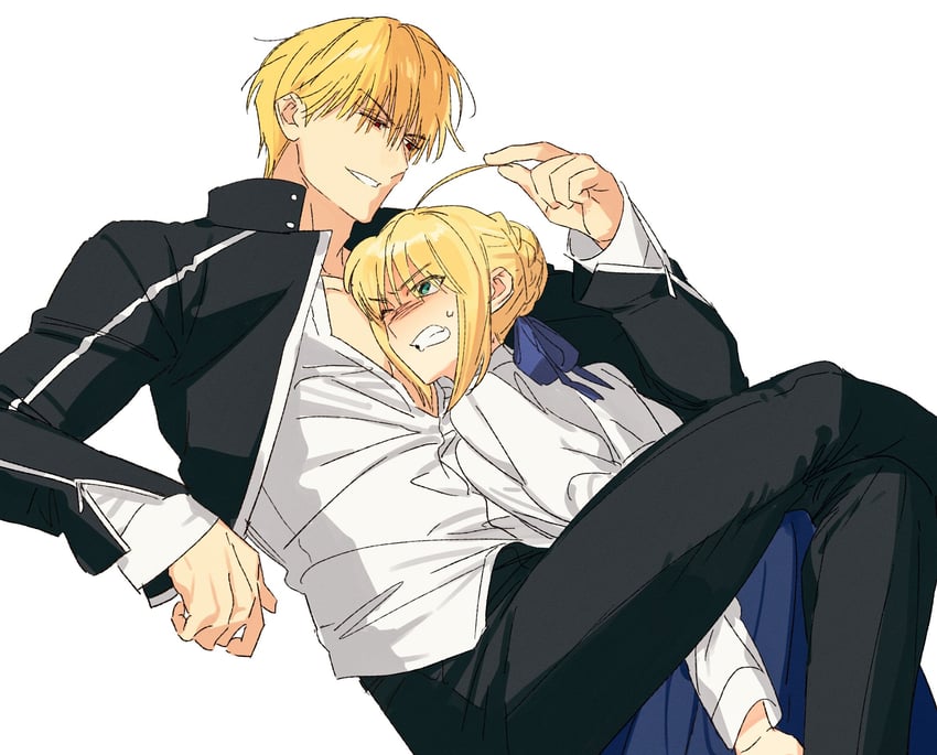 Fate/stay night、Fate系列、阿尔托莉雅·潘德拉贡 (Fate) 1名男孩 1名女孩 呆毛 黑色夹克 黑裤子