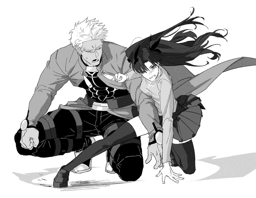 Fate/stay night、Fate系列、Archer (Fate) 1名男孩 1名女孩 黑发 黑裤子 黑衬衫