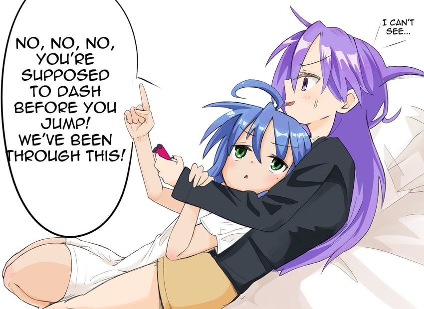 幸运星、柊镜、泉此方 2名女孩 呆毛 黑衬衫 蓝发 漫画
