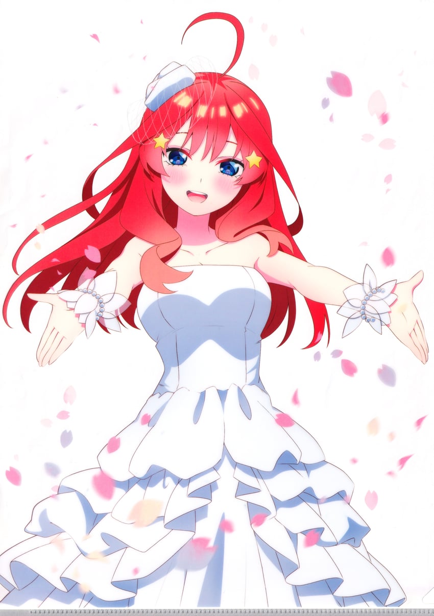 五等分的新娘、中野五月 1名女孩 赛璐珞上色 露肩 蓝眼 脸红