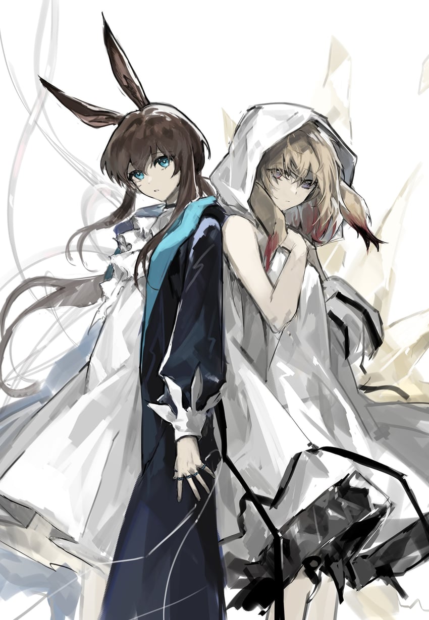 明日方舟、阿米娅 (明日方舟)、阿米娅 (医疗) (明日方舟) 2名女孩 阿斯科特领巾 露肩 黑色大衣 蓝眼
